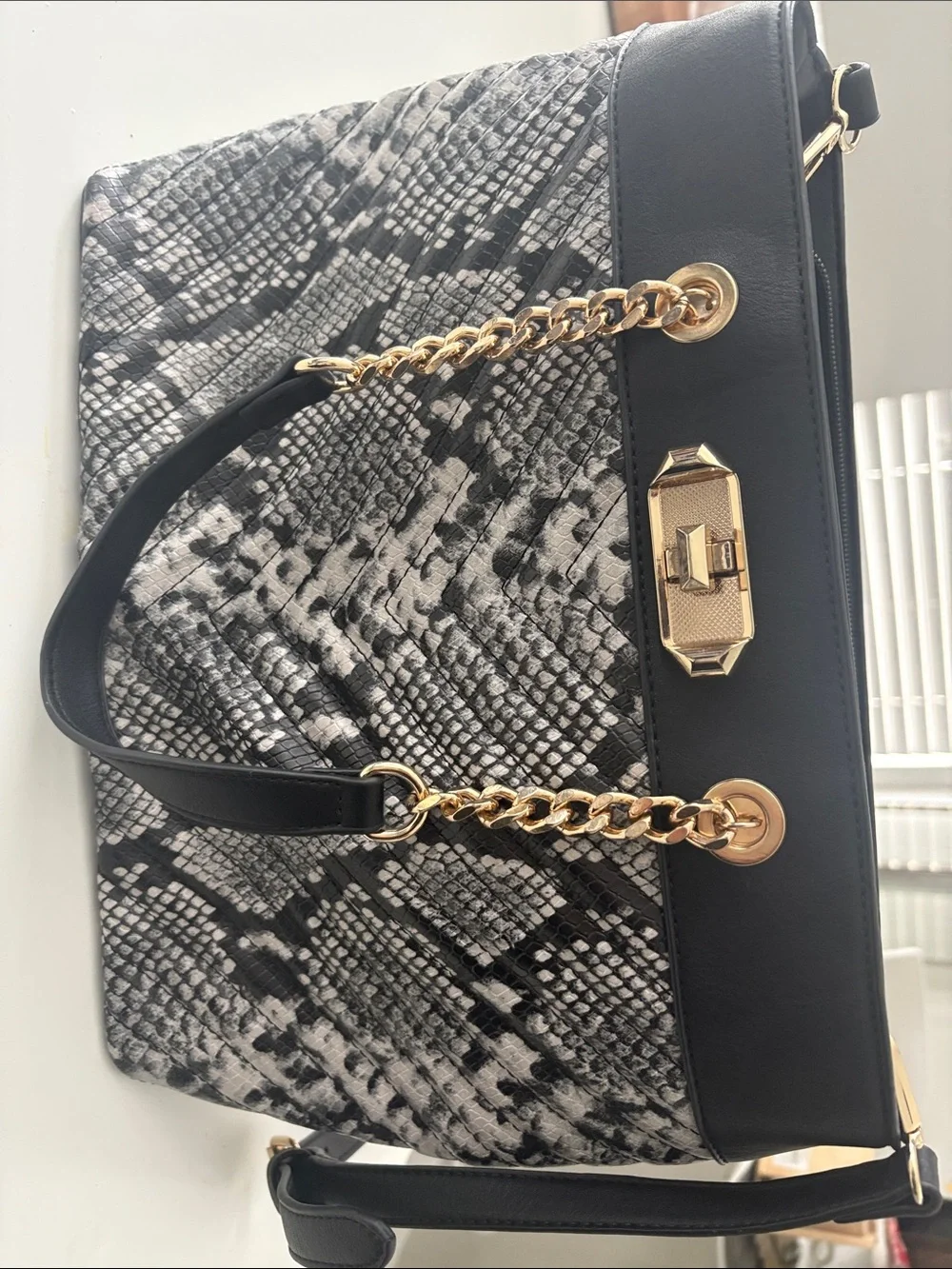 Aldo Black and White Snake-Print Satchel with Gold Hardware
